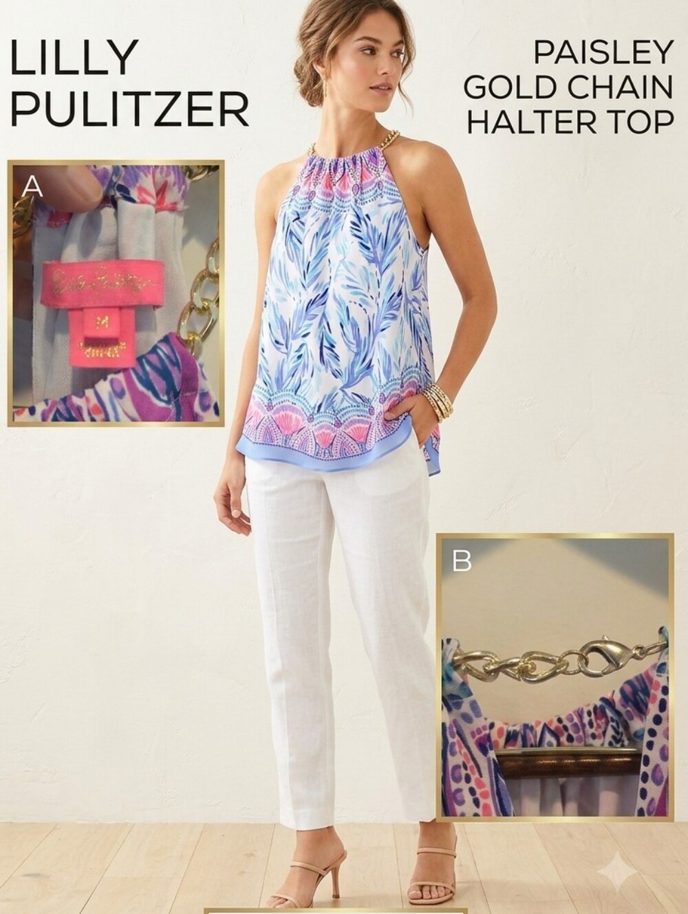 Lilly Pulitzer Halter Chain Strap Top Blue Pink Tropical Print Size M